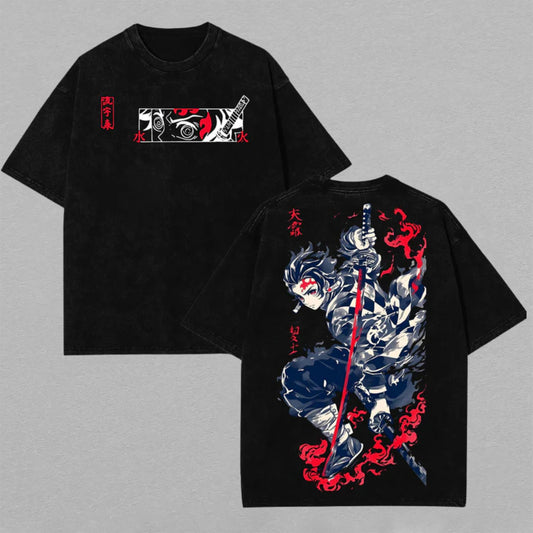 Tanjiro Kamado Demon Slayer Sun Breathing | Retro Vintage Washed T-Shirt | Limited Edition Oversized Streetwear
