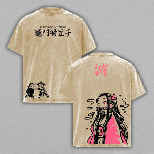 Nezuko & Tanjiro Demon Slayer Kanji | Double-Sided Retro Vintage Washed T-Shirt | Limited Edition Streetwear