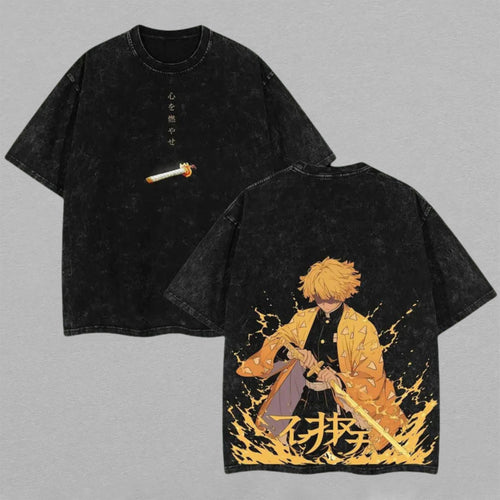 Zenitsu Agatsuma Demon Slayer Thunder Breathing | Retro Vintage Washed T-Shirt | Limited Edition Oversized Streetwear