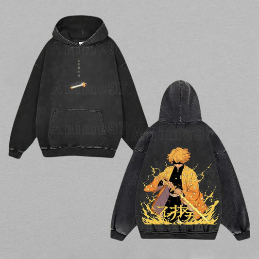 Zenitsu Agatsuma Demon Slayer Thunderclap | Double-Sided Retro Vintage Washed Hoodie | Limited Edition Streetwear
