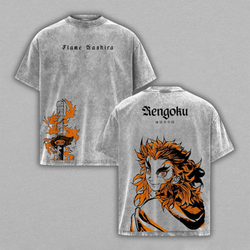 Kyojuro Rengoku Demon Slayer Fire Sword | Retro Vintage Washed T-Shirt | Limited Edition Oversized Streetwear