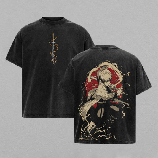 Zenitsu Agatsuma Demon Slayer Thunder | Retro Vintage Washed T-Shirt | Limited Edition Oversized Streetwear