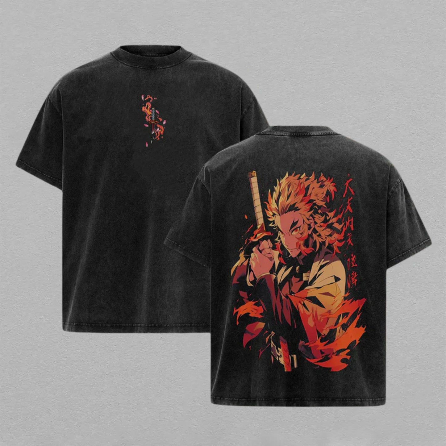 Kyojuro Rengoku Demon Slayer Sun Breathing | Retro Vintage Washed T-Shirt | Limited Edition Oversized Streetwear