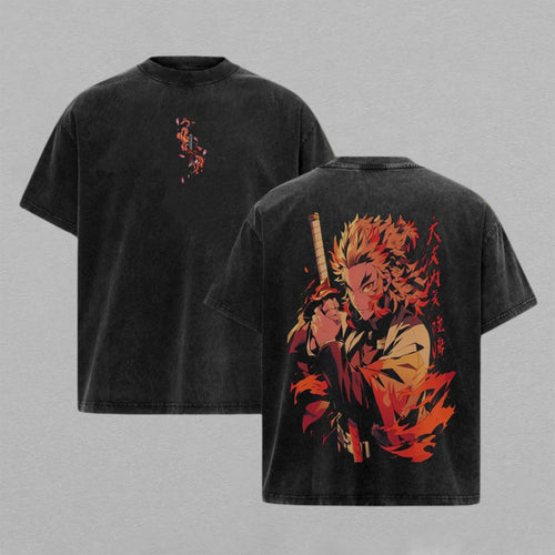 Kyojuro Rengoku Demon Slayer Sun Breathing | Retro Vintage Washed T-Shirt | Limited Edition Oversized Streetwear