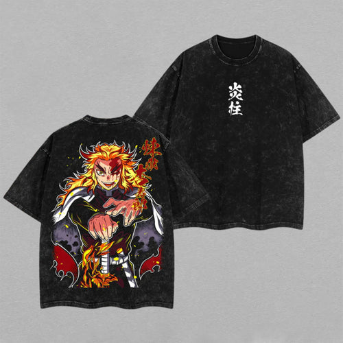 Kyojuro Rengoku Demon Slayer Mugen Train | Retro Vintage Washed T-Shirt | Limited Edition Oversized Streetwear
