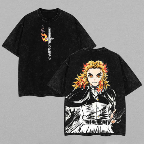Kyojuro Rengoku Demon Slayer Flame Hashira | Retro Vintage Washed T-Shirt | Limited Edition Oversized Streetwear
