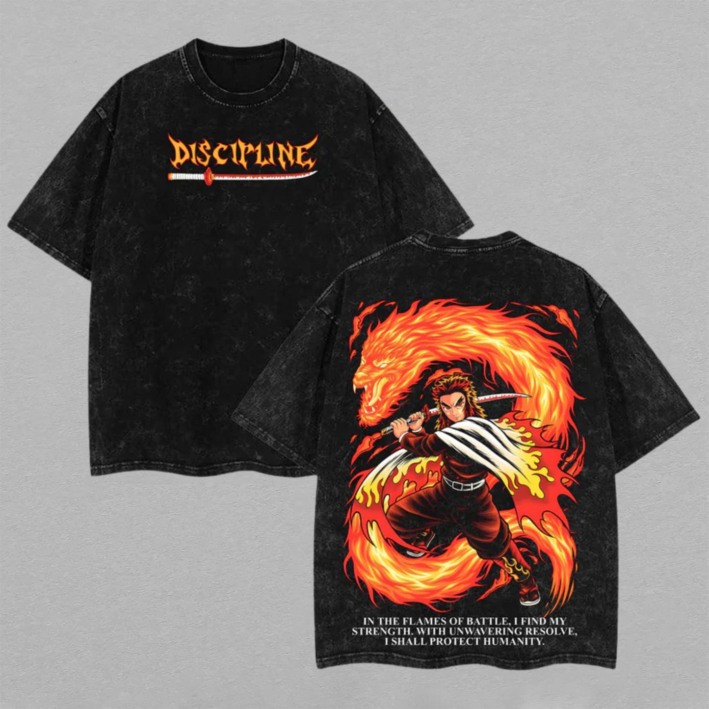 Kyojuro Rengoku Demon Slayer Fire Dragon | Retro Vintage Washed T-Shirt | Limited Edition Oversized Streetwear