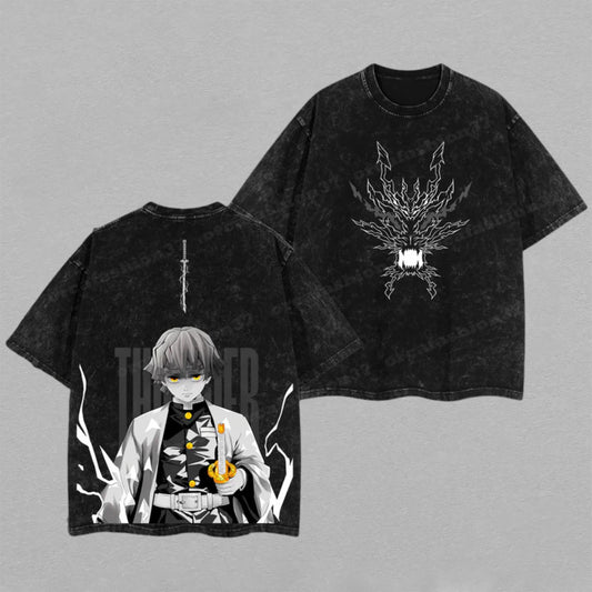 Zenitsu Agatsuma Demon Slayer Lightning Fan | Retro Vintage Washed T-Shirt | Limited Edition Oversized Streetwear