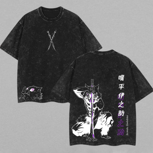 Inosuke Hashibira Demon Slayer Boar Head | Double-Sided Retro Vintage Washed T-Shirt | Limited Edition Streetwear
