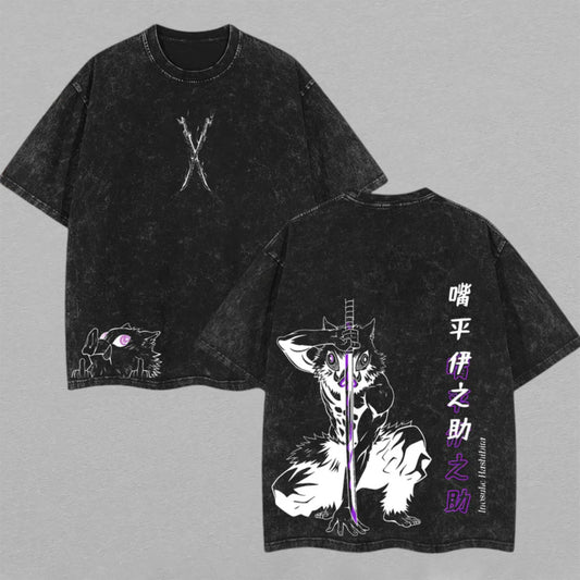 Inosuke Hashibira Demon Slayer Boar Head | Double-Sided Retro Vintage Washed T-Shirt | Limited Edition Streetwear