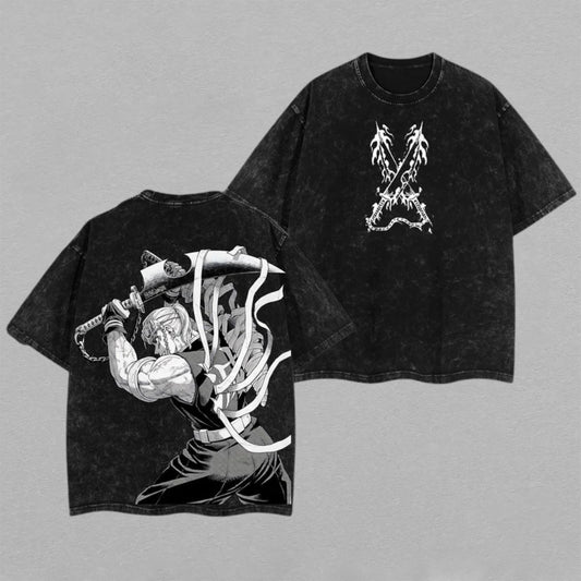 Tengen Uzui Demon Slayer Sound Hashira | Double-Sided Retro Vintage Washed T-Shirt | Limited Edition Streetwear