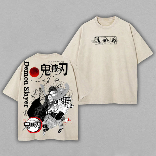 Tanjiro & Nezuko Demon Slayer Red Sun | Double-Sided Retro Vintage Washed T-Shirt | Limited Edition Streetwear