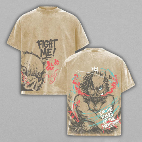 Inosuke Hashibira Demon Slayer Fight Me | Double-Sided Retro Vintage Washed T-Shirt | Limited Edition Streetwear