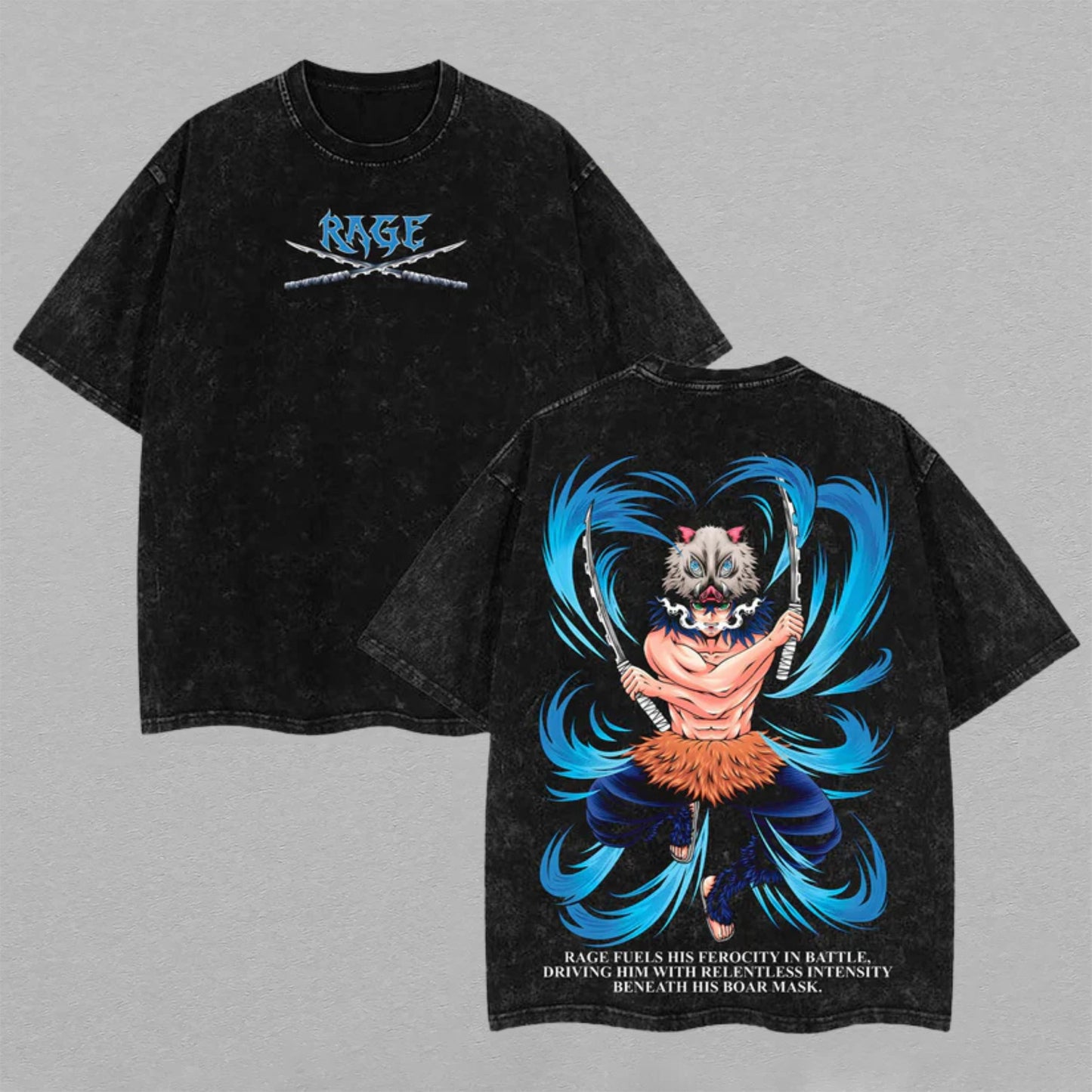 Inosuke Hashibira Demon Slayer Rage Mode | Double-Sided Retro Vintage Washed T-Shirt | Limited Edition Streetwear