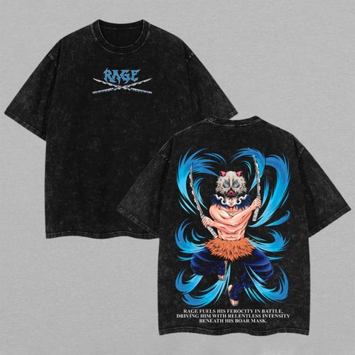 Inosuke Hashibira Demon Slayer Rage Mode | Double-Sided Retro Vintage Washed T-Shirt | Limited Edition Streetwear