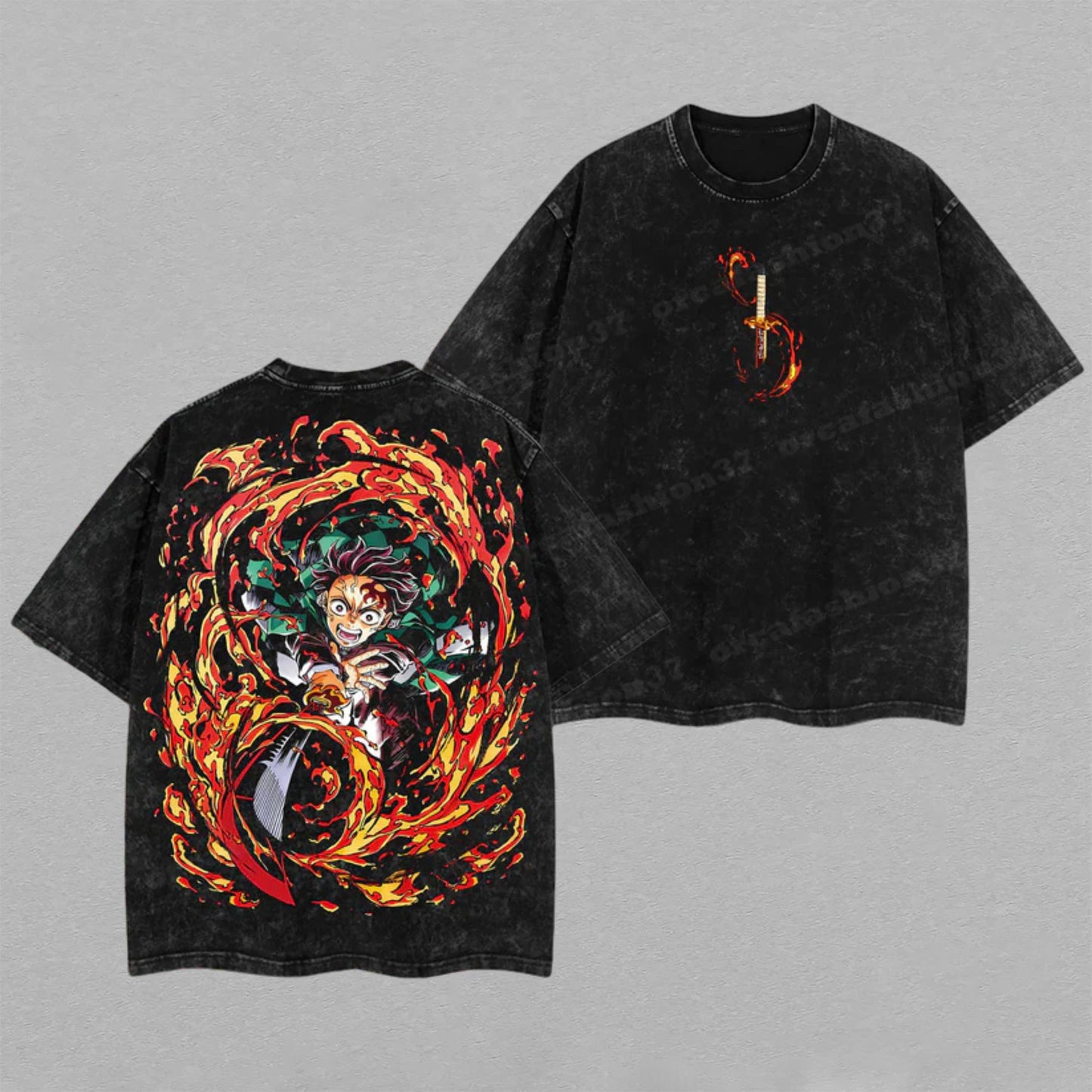 Tanjiro Kamado Demon Slayer Flame Breathing | Retro Vintage Washed T-Shirt | Limited Edition Oversized Streetwear