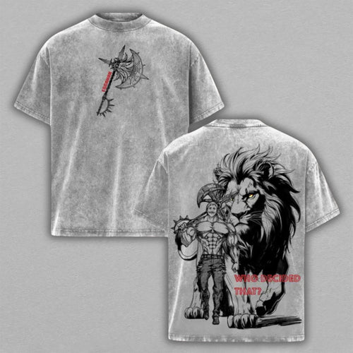 Escanor Lion Sin of Pride Divine Axe Rhitta Washed T-shirt Limited Retro Vintage Oversized Streetwear Seven Deadly Sins Anime Graphic Tee Gift for Fans