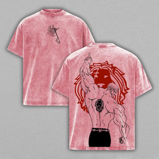 Escanor Seven Deadly Sins Pink Washed Oversized T-shirt Lion Sin Back Print Vintage Heavyweight Cotton Anime Graphic Tee Unisex Animecore Streetwear Gift for Escanor Fans