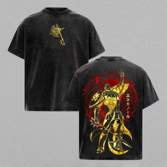 Escanor Seven Deadly Sins Washed Oversized T-shirt Gold Armor Sunshine Axe Back Print Vintage Heavyweight Cotton Anime Graphic Tee Streetwear Gift for Fans