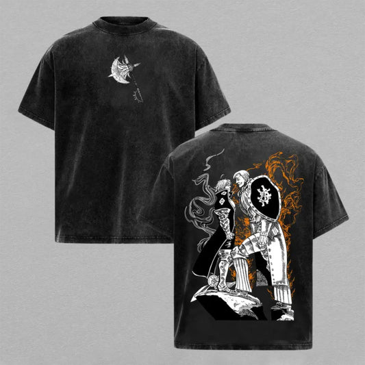 Escanor Seven Deadly Sins Washed Oversized T-shirt The One Vs Estarossa Flame Battle Back Print Vintage Heavyweight Cotton Anime Graphic Tee Streetwear Gift for Anime Fans