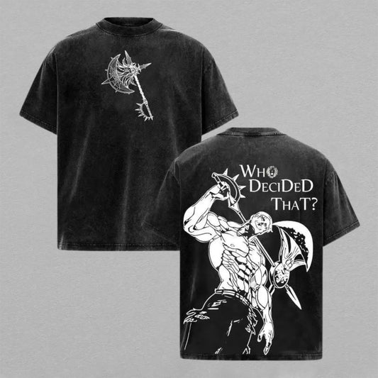 Escanor Seven Deadly Sins Who Decided That Washed Oversized T-shirt Rhitta Axe Manga Back Print Vintage Heavyweight Cotton Anime Graphic Tee Streetwear Gift for Fans