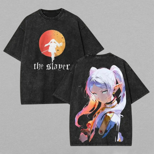 Frieren Beyond Journeys End The Slayer Washed Oversized T-shirt Frieren Elf Mage Sunset Back Print Vintage Heavyweight Cotton Anime Graphic Tee Streetwear Gift for Frieren Fans