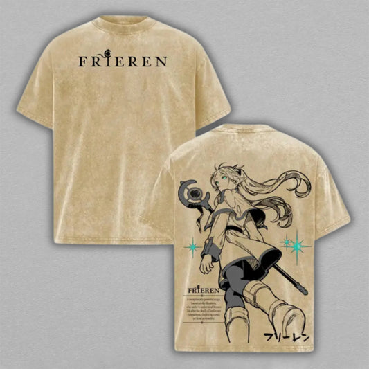 Frieren Beyond Journeys End Washed Oversized T-shirt Beige Elf Mage Staff Back Print Vintage Heavyweight Cotton Anime Graphic Tee Streetwear Gift for Frieren Fans