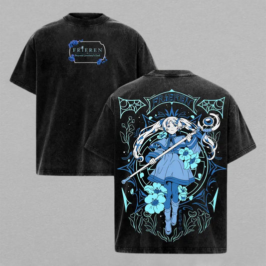 Frieren Beyond Journeys End Washed Oversized T-shirt Blue Floral Mage Staff Back Print Vintage Heavyweight Cotton Anime Graphic Tee Streetwear Gift for Frieren Fans