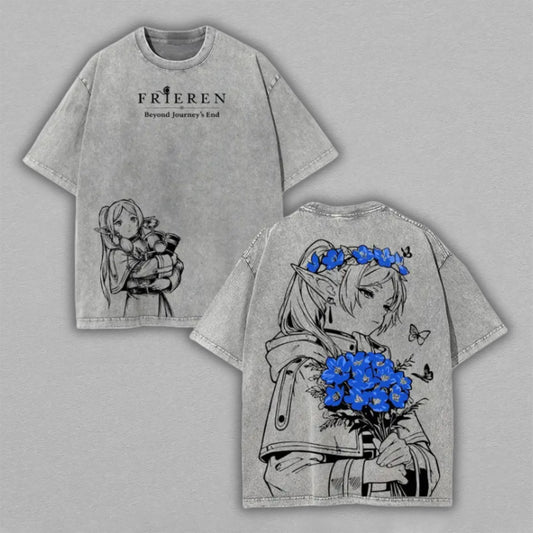Frieren Beyond Journeys End Washed Oversized T-shirt Blue Flower Bouquet Elf Mage Sketch Back Print Vintage Heavyweight Cotton Anime Graphic Tee Streetwear Gift for Frieren Fans