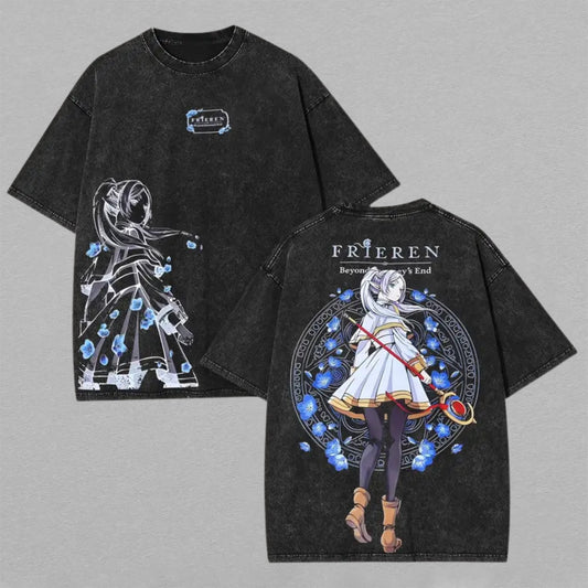 Frieren Beyond Journeys End Washed Oversized T-shirt Blue Flower Magic Circle Elf Mage Staff Back Print Vintage Heavyweight Cotton Anime Graphic Tee Streetwear Gift for Frieren Fans