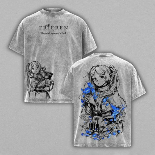 Frieren Beyond Journeys End Washed Oversized T-shirt Blue Flower Memory Sketch Back Print Vintage Heavyweight Cotton Anime Graphic Tee Streetwear Gift for Frieren Fans