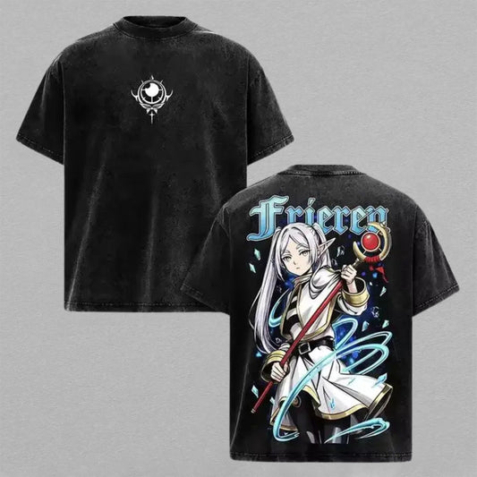 Frieren Beyond Journeys End Washed Oversized T-shirt Blue Magic Aura Elf Mage Staff Back Print Vintage Heavyweight Cotton Anime Graphic Tee Streetwear Gift for Frieren Fans