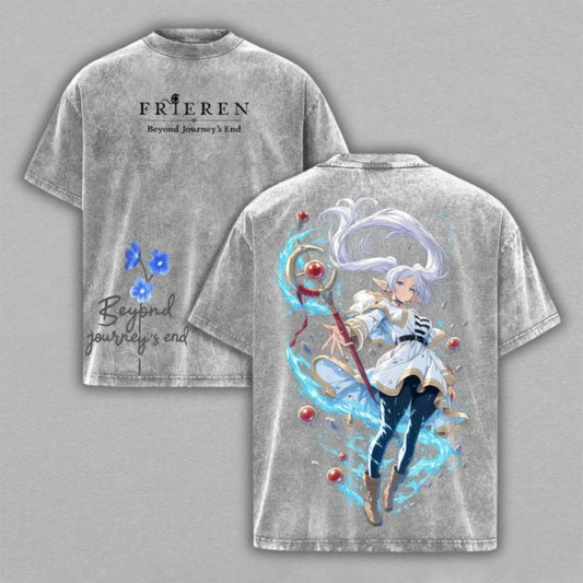 Frieren Beyond Journeys End Washed Oversized T-shirt Blue Magic Staff Floating Mage Back Print Vintage Heavyweight Cotton Anime Graphic Tee Streetwear Gift for Frieren Fans