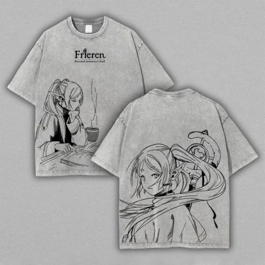 Frieren Beyond Journeys End Washed Oversized T-shirt Coffee Scene Manga Sketch Elf Mage Staff Back Print Vintage Heavyweight Cotton Anime Graphic Tee Streetwear Gift for Frieren Fans