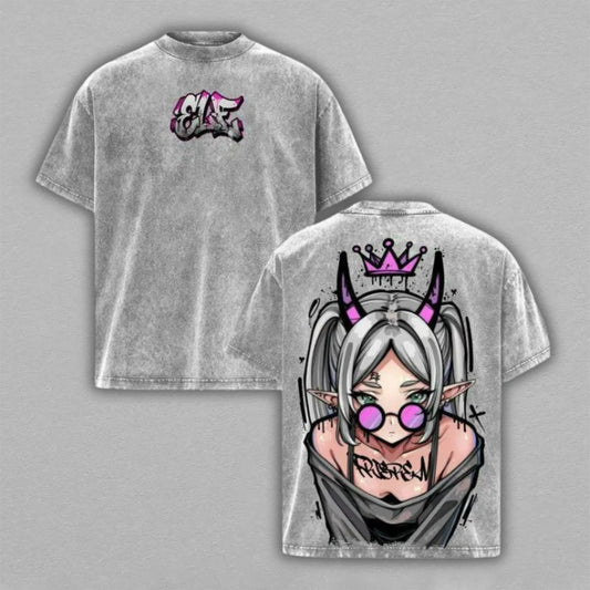 Frieren Beyond Journeys End Washed Oversized T-shirt Crown Glasses Graffiti Elf Mage Back Print Vintage Heavyweight Cotton Anime Graphic Tee Streetwear Gift for Frieren Fans