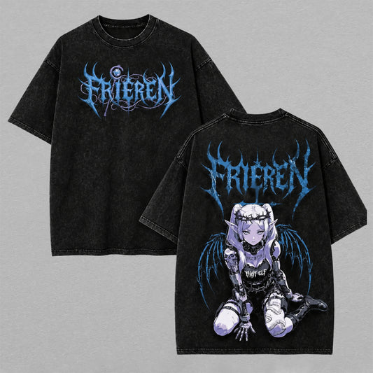 Frieren Beyond Journeys End Washed Oversized T-shirt Dark Elf Goth Angel Blue Metal Logo Back Print Vintage Heavyweight Cotton Anime Graphic Tee Streetwear Gift for Frieren Fans