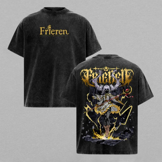 Frieren Beyond Journeys End Washed Oversized T-shirt Dark Gold Lightning Mage Staff Back Print Vintage Heavyweight Cotton Anime Graphic Tee Streetwear Gift for Frieren Fans