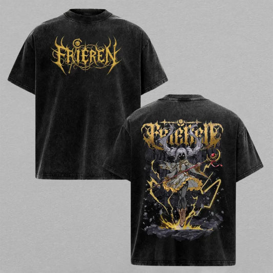 Frieren Beyond Journeys End Washed Oversized T-shirt Dark Metal Logo Lightning Mage Staff Back Print Vintage Heavyweight Cotton Anime Graphic Tee Streetwear Gift for Frieren Fans
