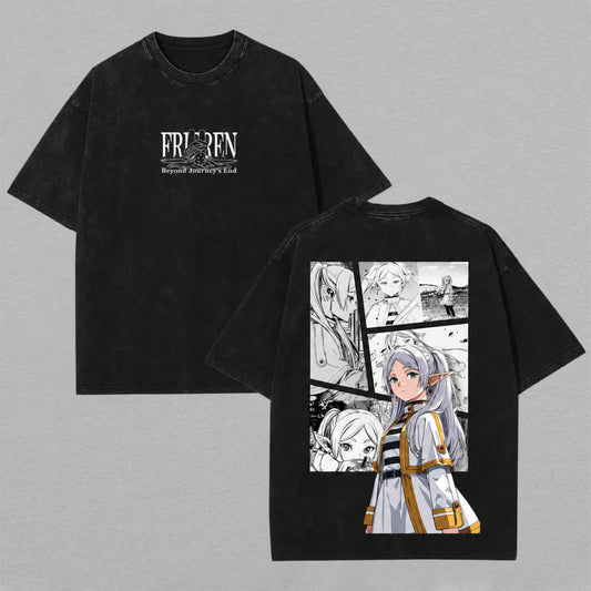 Frieren Beyond Journeys End Washed Oversized T-shirt Manga Panel Elf Mage Portrait Back Print Vintage Heavyweight Cotton Anime Graphic Tee Streetwear Gift for Frieren Fans