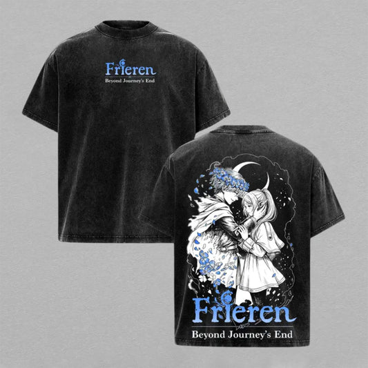 Frieren Himmel Beyond Journeys End Washed Oversized T-shirt Blue Flower Moon Memory Back Print Vintage Heavyweight Cotton Anime Graphic Tee Streetwear Gift for Frieren Fans