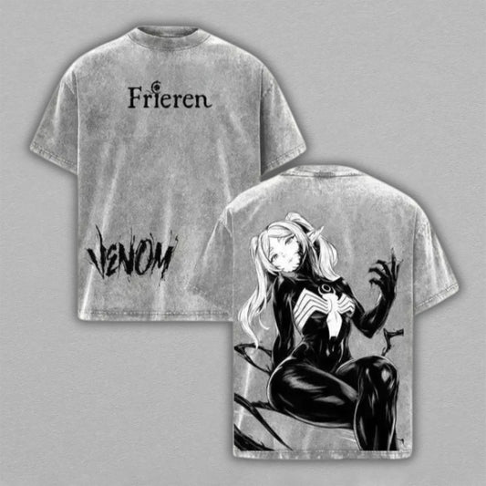 Frieren Venom Mashup Washed Oversized T-shirt Dark Symbiote Elf Mage Back Print Vintage Heavyweight Cotton Anime Graphic Tee Streetwear Gift for Frieren Fans