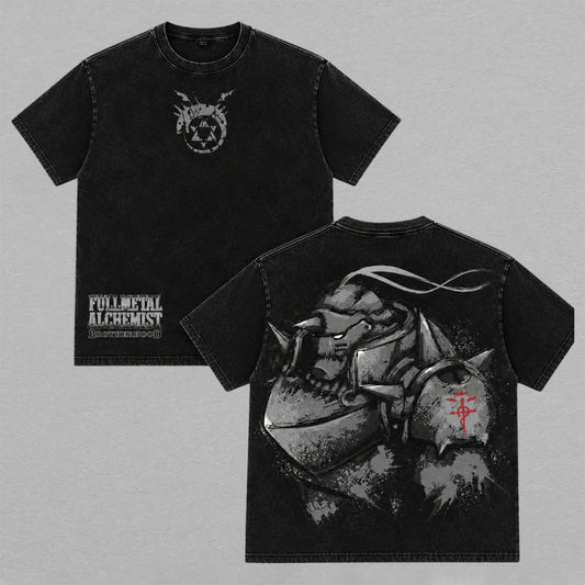 Fullmetal Alchemist Brotherhood Alphonse Elric Washed Oversized T-shirt Armor Symbol Back Print Vintage Heavyweight Cotton Anime Graphic Tee Streetwear Gift for Fans