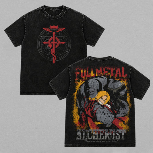 Fullmetal Alchemist Brotherhood Edward Elric Alphonse Armor Washed Oversized T-shirt Red Alchemy Symbol Back Print Vintage Heavyweight Cotton Anime Graphic Tee Streetwear Gift for Fans