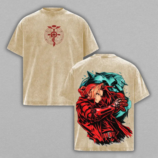 Fullmetal Alchemist Brotherhood Edward Elric Alphonse Armor Washed Oversized T-shirt Red Cloak Beige Vintage Heavyweight Cotton Anime Graphic Tee Streetwear Gift for Fans
