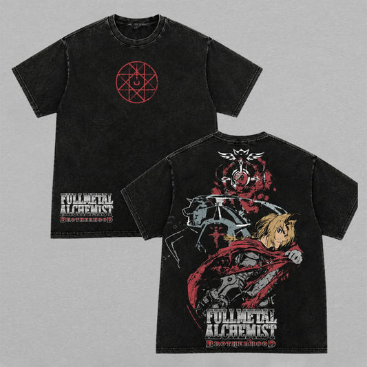 Fullmetal Alchemist Brotherhood Edward Elric Alphonse Armor Washed Oversized T-shirt Red Cloak Transmutation Circle Back Print Vintage Heavyweight Cotton Anime Graphic Tee Streetwear Gift for Fans