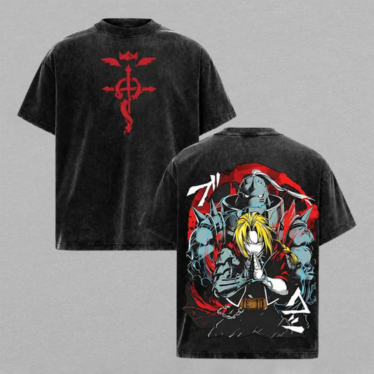 Fullmetal Alchemist Brotherhood Edward Elric Alphonse Armor Washed Oversized T-shirt Red Symbol Alchemy Battle Back Print Vintage Heavyweight Cotton Anime Graphic Tee Streetwear Gift for Fans
