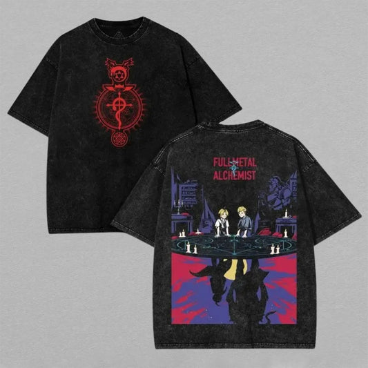 Fullmetal Alchemist Brotherhood Edward Elric Alphonse Washed Oversized T-shirt Alchemy Table Gate Scene Back Print Vintage Heavyweight Cotton Anime Graphic Tee Streetwear Gift for Fans