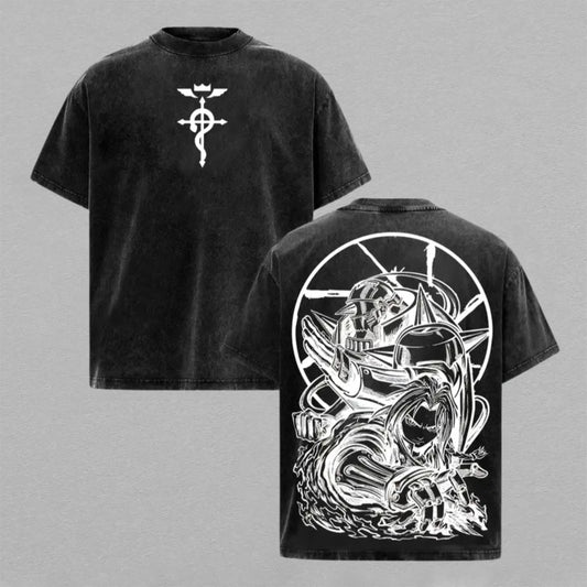 Fullmetal Alchemist Brotherhood Edward Elric Alphonse Washed Oversized T-shirt Black White Alchemy Action Back Print Vintage Heavyweight Cotton Anime Graphic Tee Streetwear Gift for Fans
