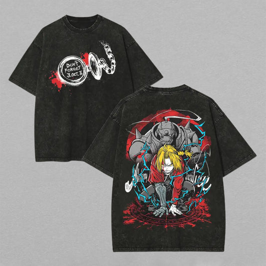 Fullmetal Alchemist Brotherhood Edward Elric Alphonse Washed Oversized T-shirt Dont Forget 3 Oct 11 Pocket Watch Back Print Vintage Heavyweight Cotton Anime Graphic Tee Streetwear Gift for Fans