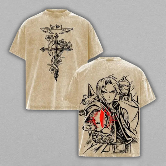 Fullmetal Alchemist Brotherhood Edward Elric Alphonse Washed Oversized T-shirt Philosopher Stone Hand Sketch Back Print Vintage Heavyweight Cotton Anime Graphic Tee Streetwear Gift for Fans